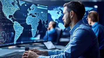 A man is working on a computer with a world map on the screen video