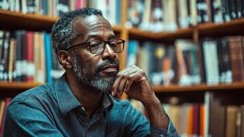 A man with glasses and a beard sitting in front of bookshelves video