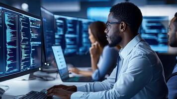 dois homens trabalhando em computadores dentro frente do uma ampla tela video