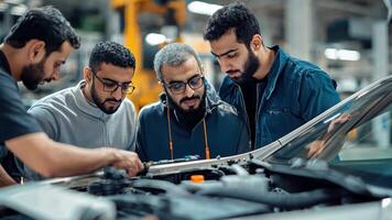 Three men working on a car in a garage video