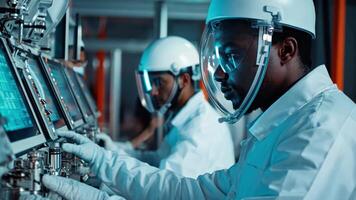 Two men in white lab coats working on a computer video