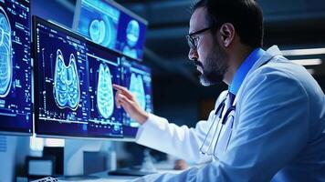 A doctor is looking at a computer screen with images of mri scans video