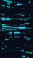 Technology background with flashing blue and green neon digital data lights and glitch effect. Data visualization or network security concept. Sleek high-tech futuristic vertical animation. video