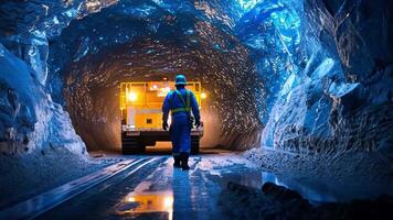 A man in a blue uniform standing in front of a large tunnel video