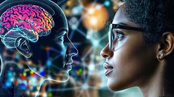 A woman looking at a brain with a colorful image video