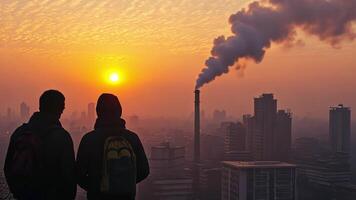 Two people stand in front of a city skyline with smoke coming out of the chimneys video