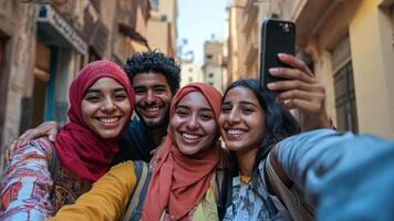 Three young people taking a selfie in an alley video