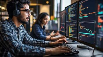 Two people working on computers in front of a monitor video