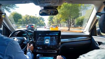 Two men in the driver's seat of a car with a tablet video