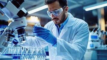 A man in a lab coat is working on a test tube video
