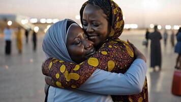 Two women embrace in the middle of a crowd video