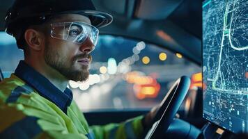 A man in a safety helmet is looking at a computer screen video