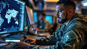 A soldier in uniform is working on a computer screen video