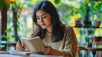 A woman is reading a book while sitting at a table video