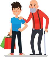 Cheerful volunteer assists an elderly man with shopping, demonstrating compassion and unity. The photo emphasizes the value of social support, independence, and honoring the elderly vector
