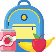 School backpack with healthy snacks such as apple, banana and strawberry juice can promoting a balanced diet for students vector