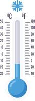 Thermometer displaying freezing temperatures in both celsius and fahrenheit scales, alongside a snowflake icon, symbolizing chilly weather conditions vector