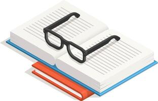 Open book with eyeglasses placed on top, providing an isometric perspective on the act of reading and studying, symbolizing knowledge, learning, and education vector