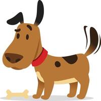 Happy cartoon dog with a red collar wags its tail next to a bone on a white background, exuding joy and cheer vector