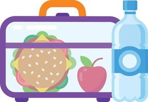 Lunchbox designed with separate compartments for a burger, apple, and water bottle encourages a nutritious meal for school or work vector