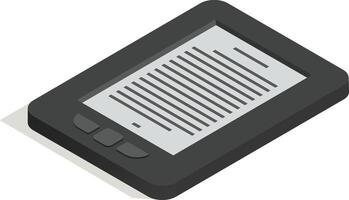 Isometric view of a gray ebook reader displaying lines of digital text on its screen, with navigation buttons visible, set against a clean white backdrop vector