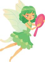 Enchanting fairy with emerald hair and gown soaring with a rosy mirror, shimmering mystical being with wings, captivating legendary figure from a fantasy realm vector