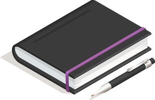 Closed black notebook with a purple bookmark lies next to a pen in an isometric view, suggesting themes of writing, planning, and organization vector