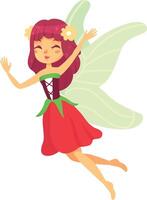 Beautiful fairy with red hair and green wings flies joyfully, spreading magic and happiness. She embodies freedom and innocence, adding grace and elegance to any fantasy project vector