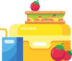Enjoy a nutritious school lunch with a colorful lunchbox packed with fresh fruits, veggies, sandwich, tomatoes, and juice vector