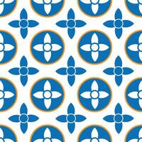 Modern and visually appealing floral design with seamless geometric pattern and stylized quatrefoil flowers in blue and orange, suitable for various applications vector