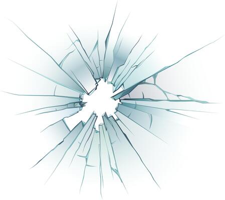 Shattered glass with cracks radiating outwards from a central hole, creating a textured and abstract pattern on a white background, conveying concepts of damage, fragility, and destruction