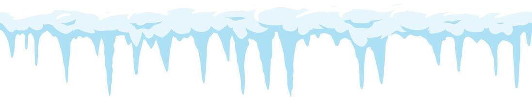 Cartoonish light blue icicles hanging down from a layer of snow, with some of the ice melting, creating a winter wonderland scene vector