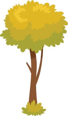 Vibrant cartoon style tree with yellow crown and strong brown trunk, ideal for nature themed projects against a clean white background