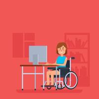 Happy disabled woman using computer at home, promoting accessibility and inclusion in the workplace with a positive and empowering representation of disability vector