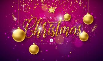 Merry Christmas and Happy New Year Illustration with Gold Glittered Typography Letter and Falling Confetti on Shiny Red Background. Holiday Season Design for Greeting Card, Party Invitation or vector