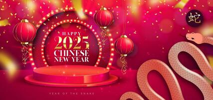 Happy Chinese New Year 2025 Sale Banner with Snake Zodiac Sign, Light Bulb Billboard, Stage Podium and Paper Lantern on Red Background. Lunar New Year Traditional Design with Gold Falling Confetti for vector