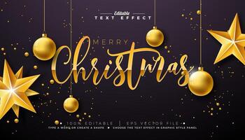 Merry Christmas Text Effect Design. Editable and Scalable Graphic Style Effect with Golden Typography Lettering and Ornaments on Black Background. Winter Holiday Illustration Template for vector