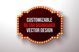 Retro Signboard or Lightbox Illustration with Vintage Bright Light Bulb Frame Billboard on Clean Background. Customizable Design Light Banner for Advertising, Show, Night Events, Cinema or vector