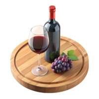 3d rendering style of a bottle of red wine and a glass of red wine on a wooden table, isometric, isolated on transparent background png
