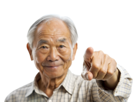 an elderly Asian man pointing with his right hand. The man is smiling and appears to be in a good mood png