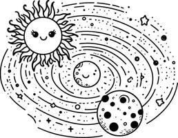 A coloring page with a sun and moon in the center vector
