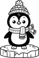 Penguin in winter hat coloring page vector