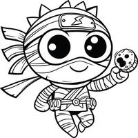 A coloring page with a ninja character holding a cookie vector
