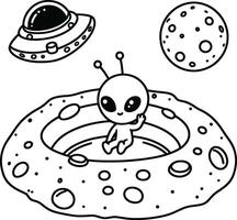 An alien and a spaceship are in the middle of a black and white coloring page vector