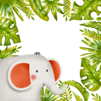 Square border frame with cartoon elephant, jungle leaves, branches. Rainforest. Birthday card invitation. Hand drawn on isolated background png