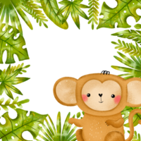 Square border frame with monkey and jungle leaves, branches. Rainforest. Birthday card invitation. Hand drawn on isolated background png