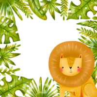 Square border frame with lion and jungle leaves, branches. Rainforest. Savanna Birthday card invitation. Hand drawn on isolated background png