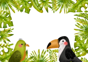 Horizontal border frame with parrot, toucan and jungle leaves, branches. Rainforest. Birthday card invitation. Hand drawn on isolated background png