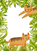 Vertical border frame with tigers and jungle leaves, branches. Rainforest. Savanna Birthday card invitation. Hand drawn on isolated background png