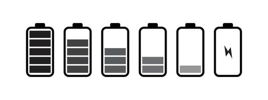 Battery icon set. low to full battery level status indicator with charging vector